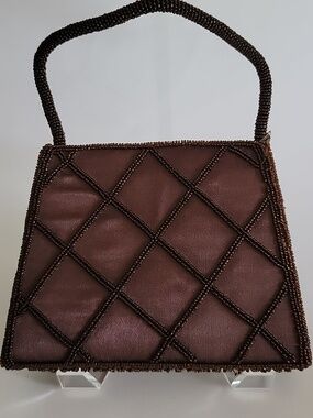 BIJOUX TERNER BROWN SATIN WITH SEED BEADS MINI EVENING BAG